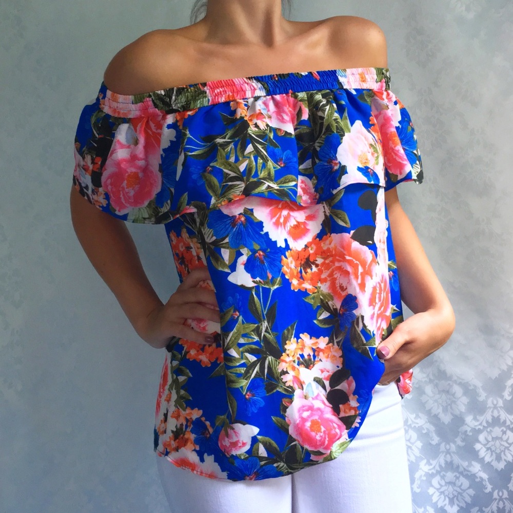 NWT Blue Pink Floral Off The Shoulder Top